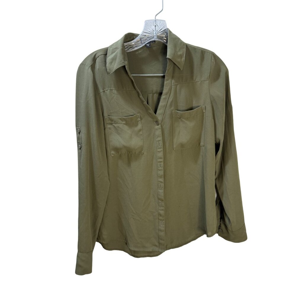 Express Olive Green Button-Up Blouse With Front Pockets & Roll-Tab Sleeves Women